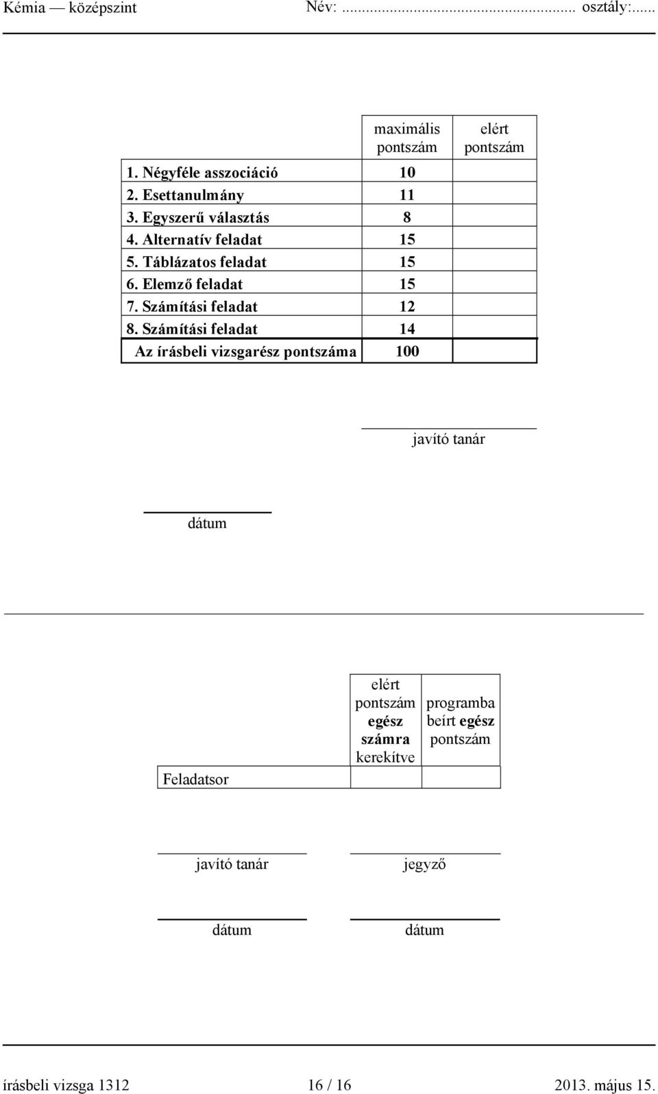 Számítási feladat 14 Az írásbeli vizsgarész pontszáma 100 elért pontszám javító tanár dátum Feladatsor elért