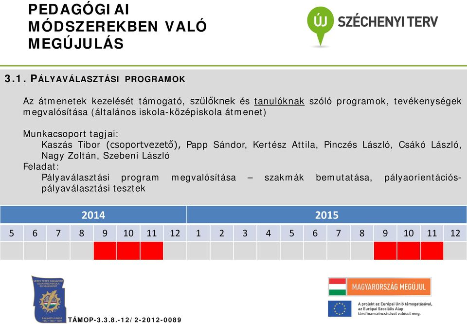 tevékenységek megvalósítása (általános iskola-középiskola átmenet) Munkacsoport tagjai: Kaszás Tibor