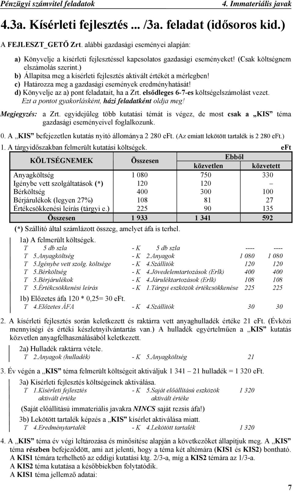 ) b) Állapítsa meg a kísérleti fejlesztés aktivált értékét a mérlegben! c) Határozza meg a gazdasági események eredményhatását! d) Könyvelje az a) pont feladatait, ha a Zrt.