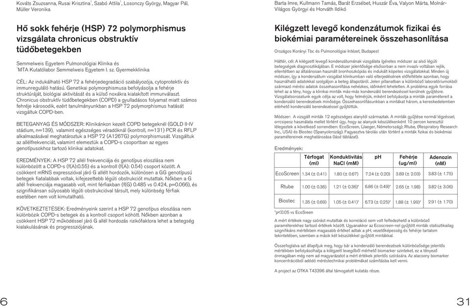 Gyermekklinika CÉL: Az indukálható HSP 72 a fehérjedegradáció szabályozója, cytoprotektív és immunreguláló hatású.