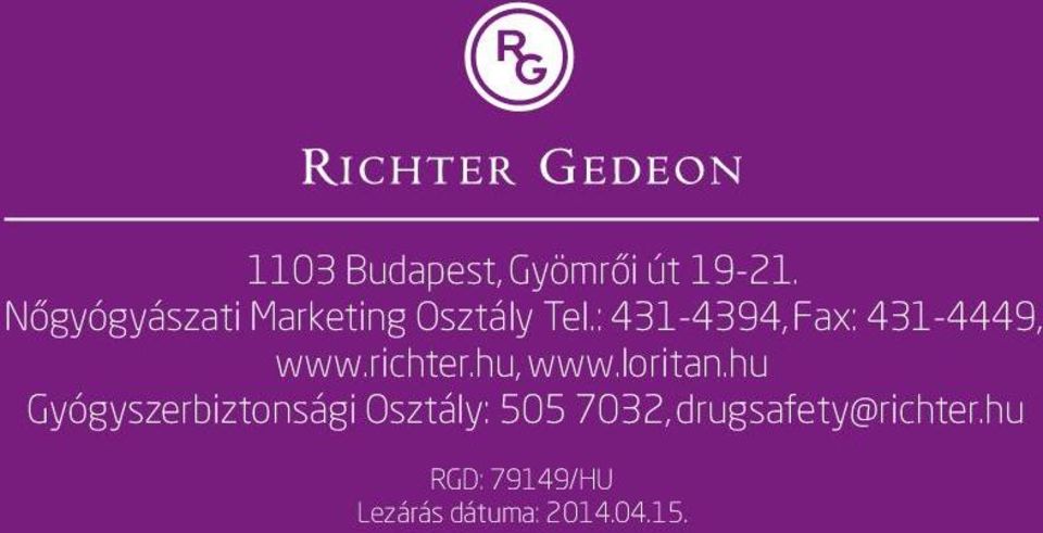 : 431-4394, Fax: 431-4449, www.richter.hu, www.loritan.