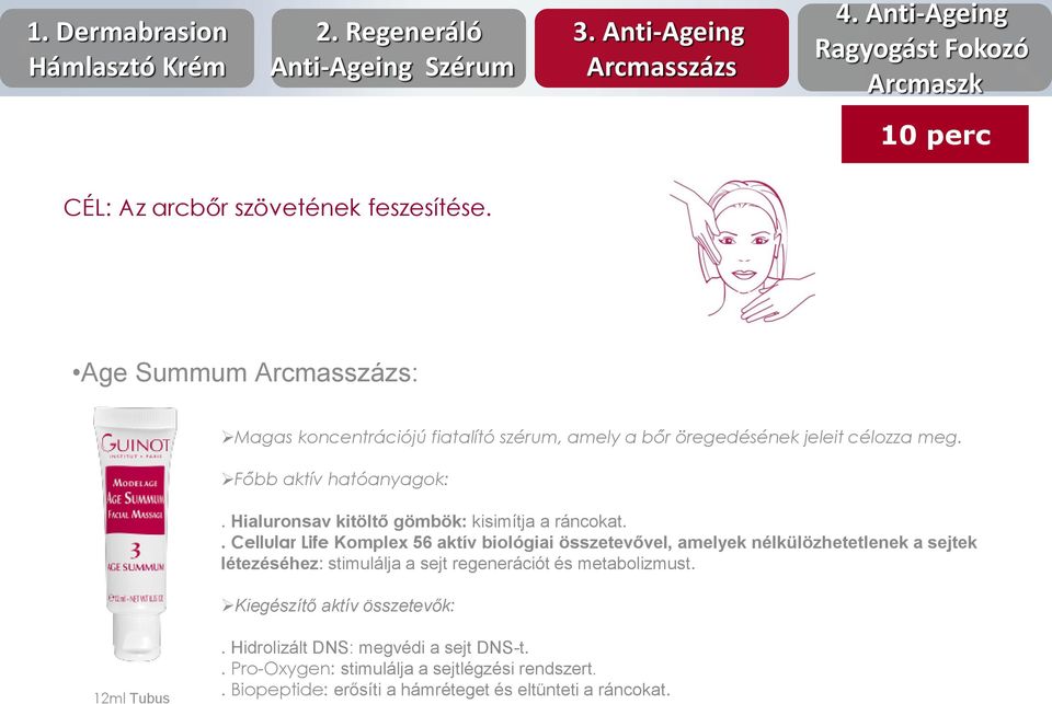 Age Summum Arcmasszázs: Magas koncentrációjú fiatalító szérum, amely a bőr öregedésének jeleit célozza meg. Főbb aktív hatóanyagok:.