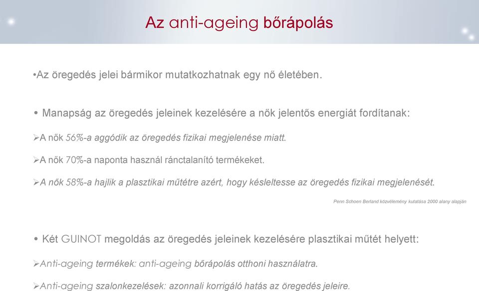 A nők 70%-a naponta használ ránctalanító termékeket. A nők 58%-a hajlik a plasztikai műtétre azért, hogy késleltesse az öregedés fizikai megjelenését.