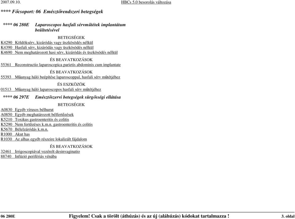 laparoscoppal, hasfali sérv mőtétjéhez ÉS ESZKÖZÖK 01513 Mőanyag háló laparoscopos hasfali sérv mőtétjéhez **** 06 297E Emésztıszervi betegségek sürgısségi ellátása A0830 Egyéb vírusos bélhurut A0850