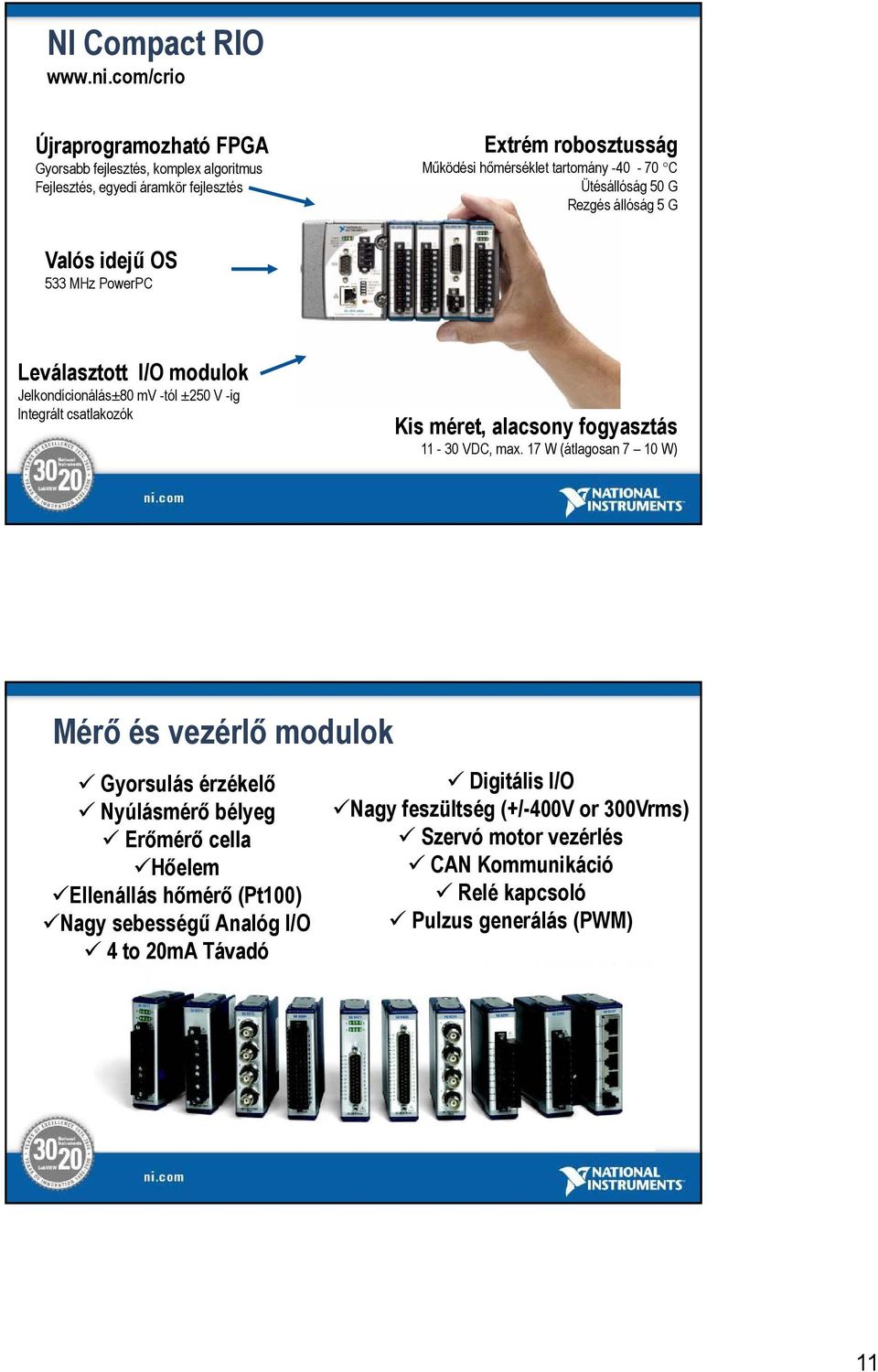 Ütésállóság 50 G Rezgés állóság 5 G Valós idejű OS 533 MHz PowerPC Leválasztott I/O modulok Jelkondícionálás±80 mv -tól ±250 V -ig Integrált csatlakozók Kis méret, alacsony