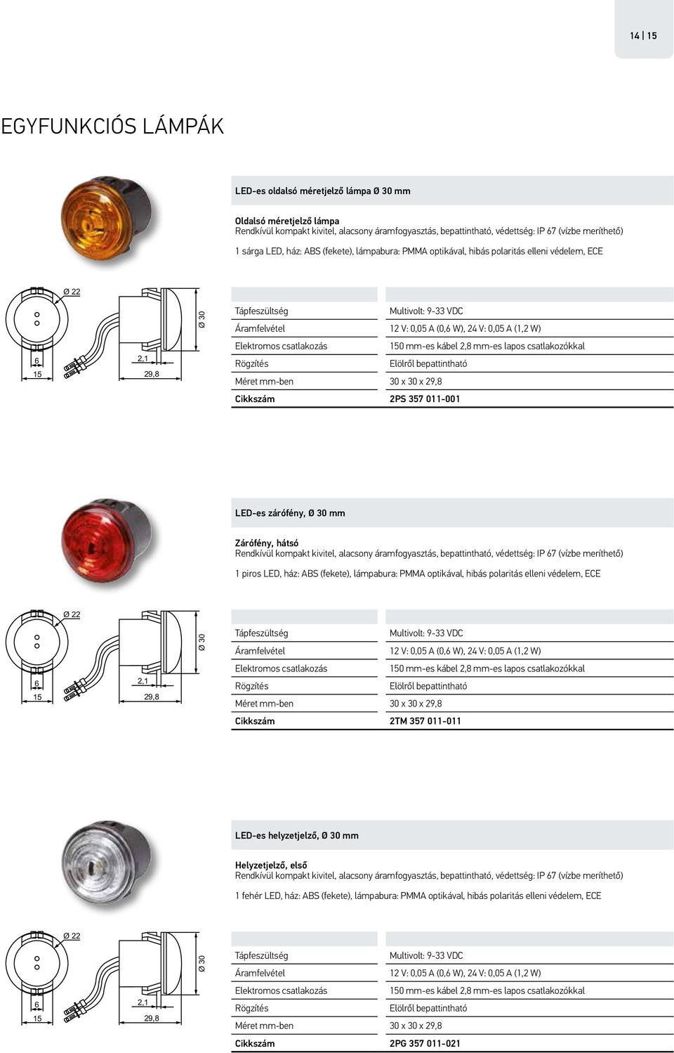 lapos csatlakozókkal Elölről bepattintható Méret mm-ben 30 x 30 x 29,8 2PS 357 011-001 LED-es zárófény, Ø 30 mm Zárófény, hátsó Rendkívül kompakt kivitel, alacsony áramfogyasztás, bepattintható,
