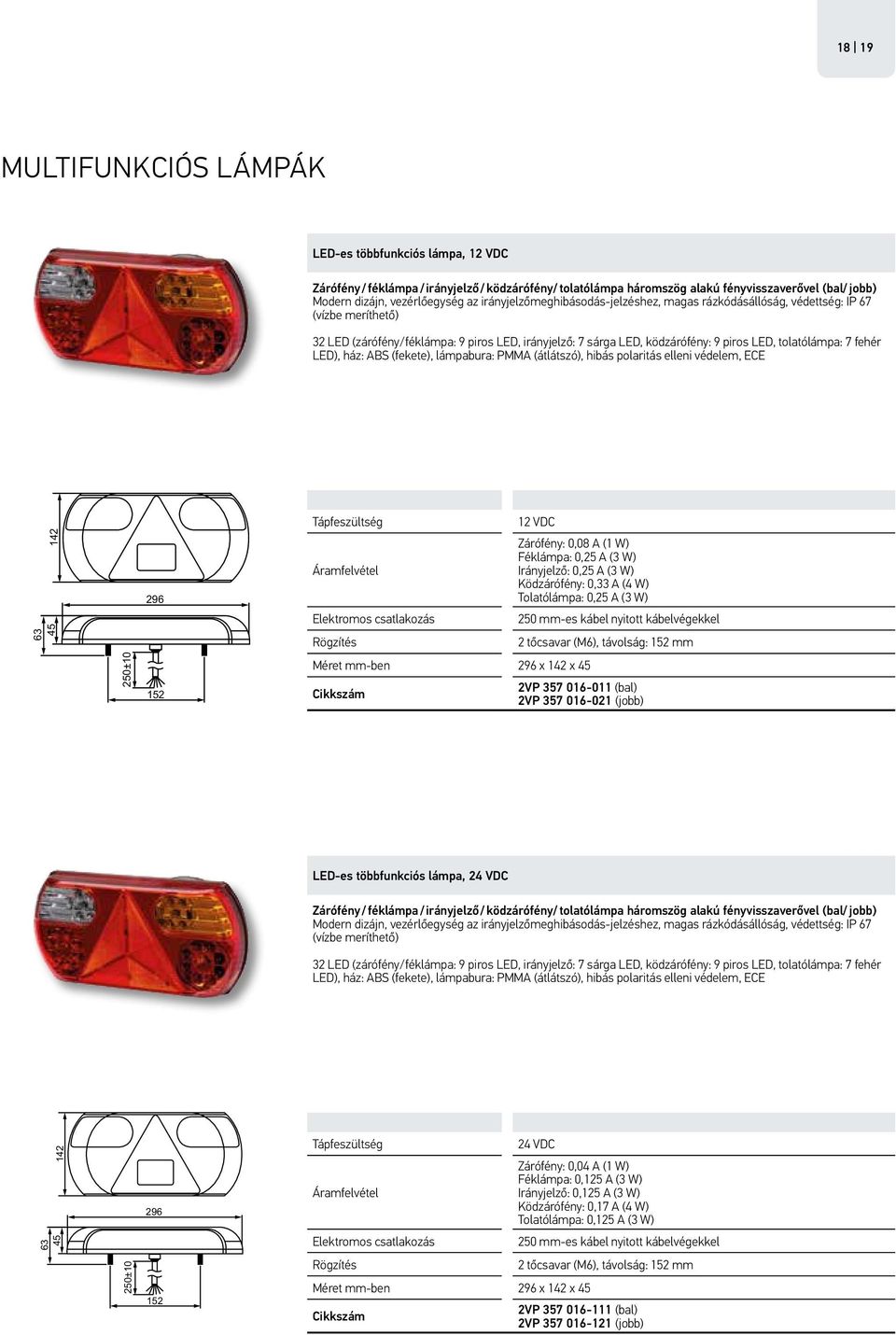 fehér LED), ház: ABS (fekete), lámpabura: PMMA (átlátszó), hibás polaritás elleni védelem, ECE 142 296 12 VDC Zárófény: 0,08 A (1 W) Féklámpa: 0,25 A (3 W) Irányjelző: 0,25 A (3 W) Ködzárófény: 0,33
