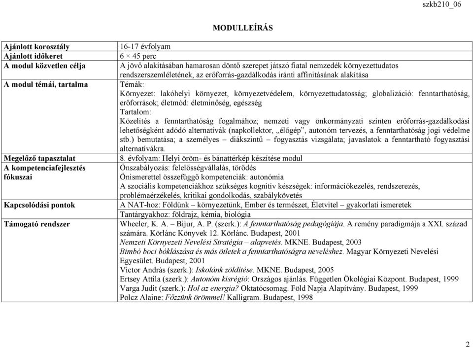 Környezet: lakóhelyi környezet, környezetvédelem, környezettudatosság; globalizáció: fenntarthatóság, erőforrások; életmód: életminőség, egészség Tartalom: Közelítés a fenntarthatóság fogalmához;