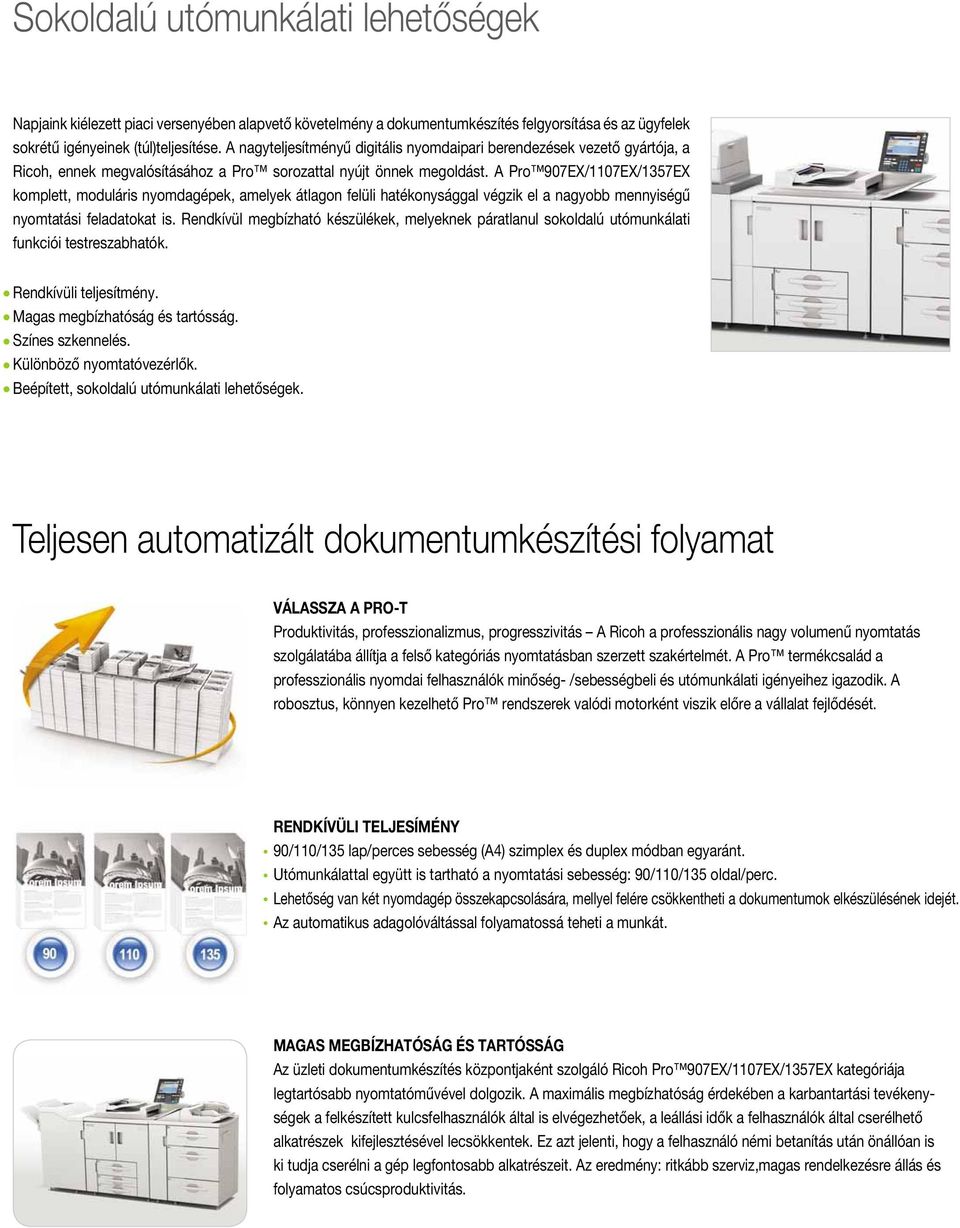 A Pro 907EX/1107EX/1357EX komplett, moduláris nyomdagépek, amelyek átlagon felüli hatékonysággal végzik el a nagyobb mennyiségű nyomtatási feladatokat is.