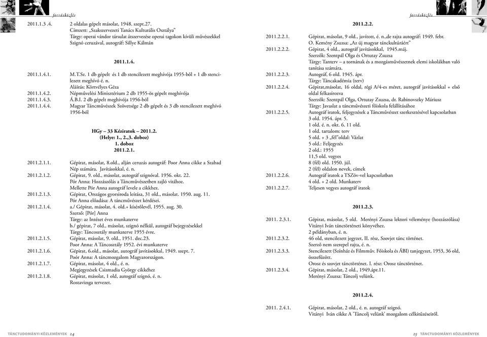 n. Aláírás: Körtvélyes Géza 2011.1.4.2. Népművelési Minisztérium 2 db 1955-ös gépelt meghívója 2011.1.4.3. Á.B.I. 2 db gépelt meghívója 1956-ból 2011.1.4.4. Magyar Táncművészek Szövetsége 2 db gépelt és 3 db stencilezett meghívó 1956-ból HGy 33 Kéziratok 2011.