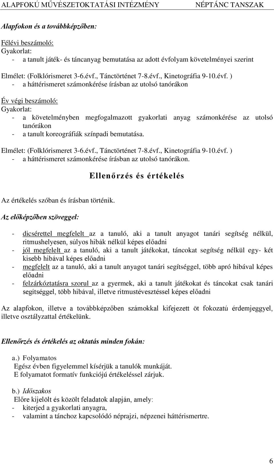 koreográfiák színpadi bemutatása. Elmélet: (Folklórismeret 3-6.évf., Tánctörténet 7-8.évf., Kinetográfia 9-10.évf. ) - a háttérismeret számonkérése írásban az utolsó tanórákon.