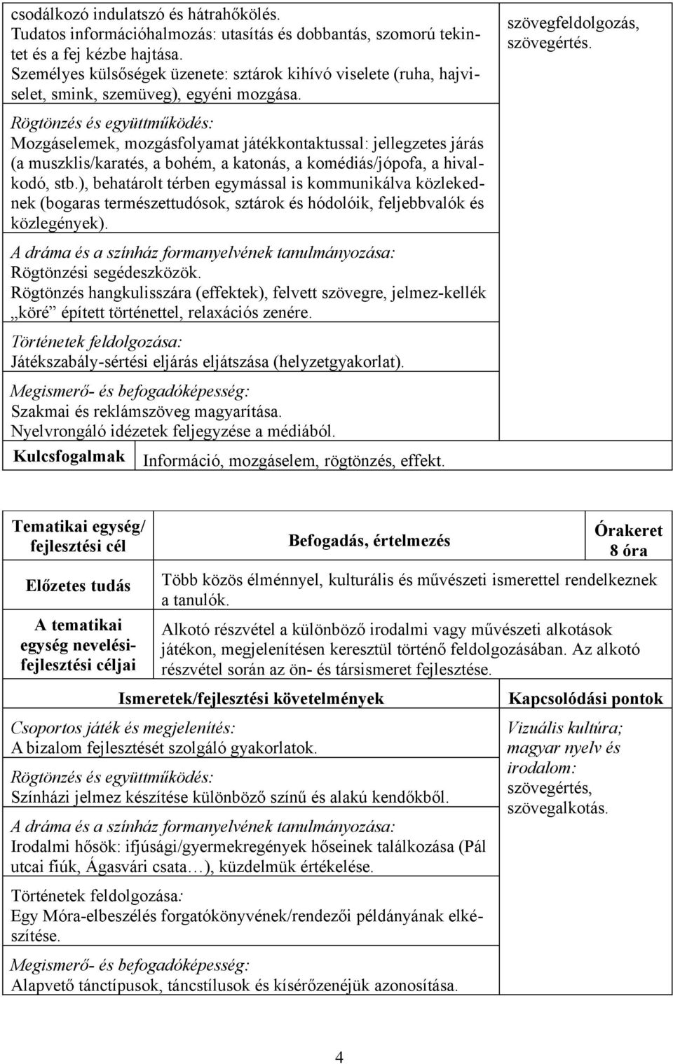 Mozgáselemek, mozgásfolyamat játékkontaktussal: jellegzetes járás (a muszklis/karatés, a bohém, a katonás, a komédiás/jópofa, a hivalkodó, stb.