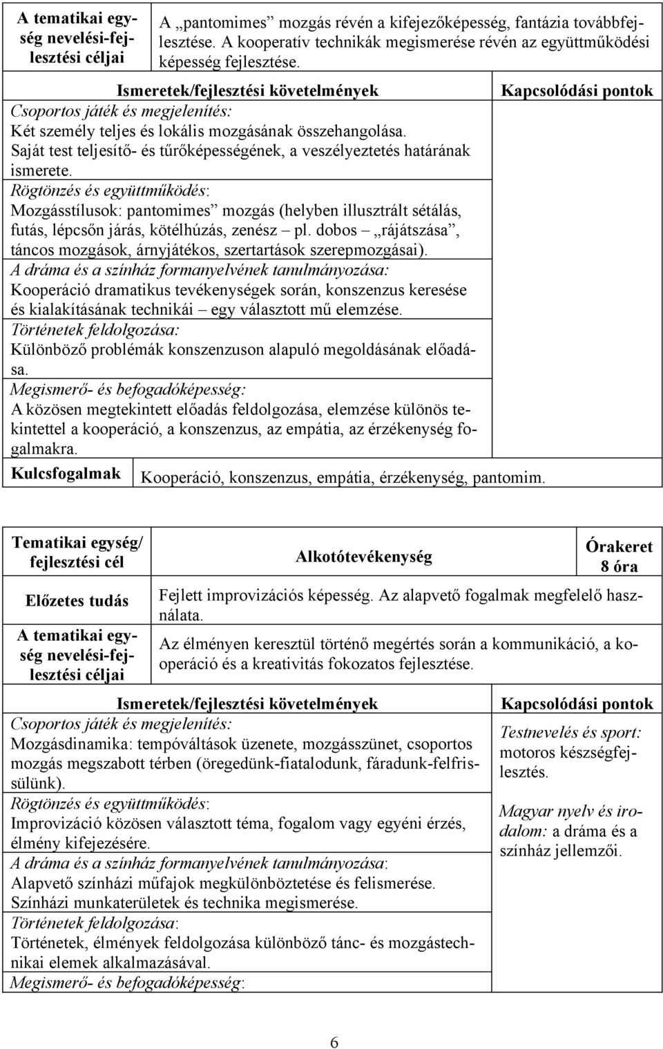 Mozgásstílusok: pantomimes mozgás (helyben illusztrált sétálás, futás, lépcsőn járás, kötélhúzás, zenész pl. dobos rájátszása, táncos mozgások, árnyjátékos, szertartások szerepmozgásai).