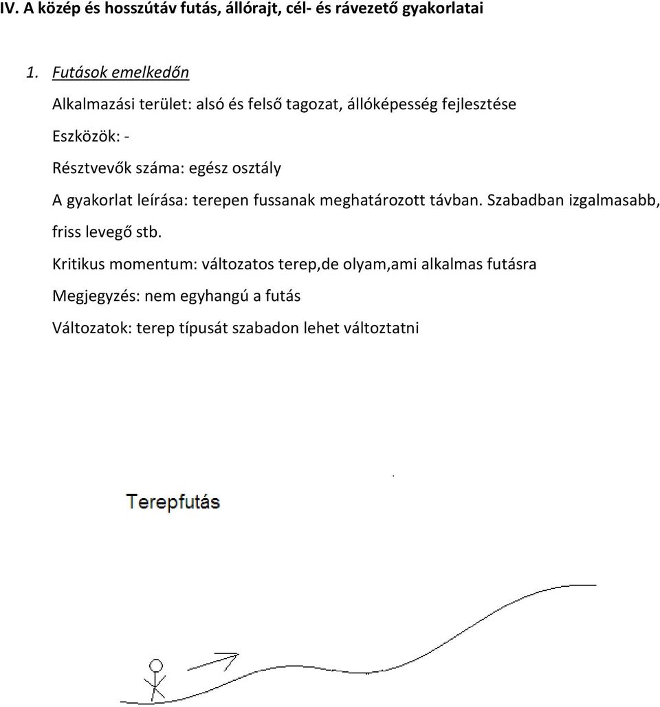 gyakorlat leírása: terepen fussanak meghatározott távban. Szabadban izgalmasabb, friss levegő stb.