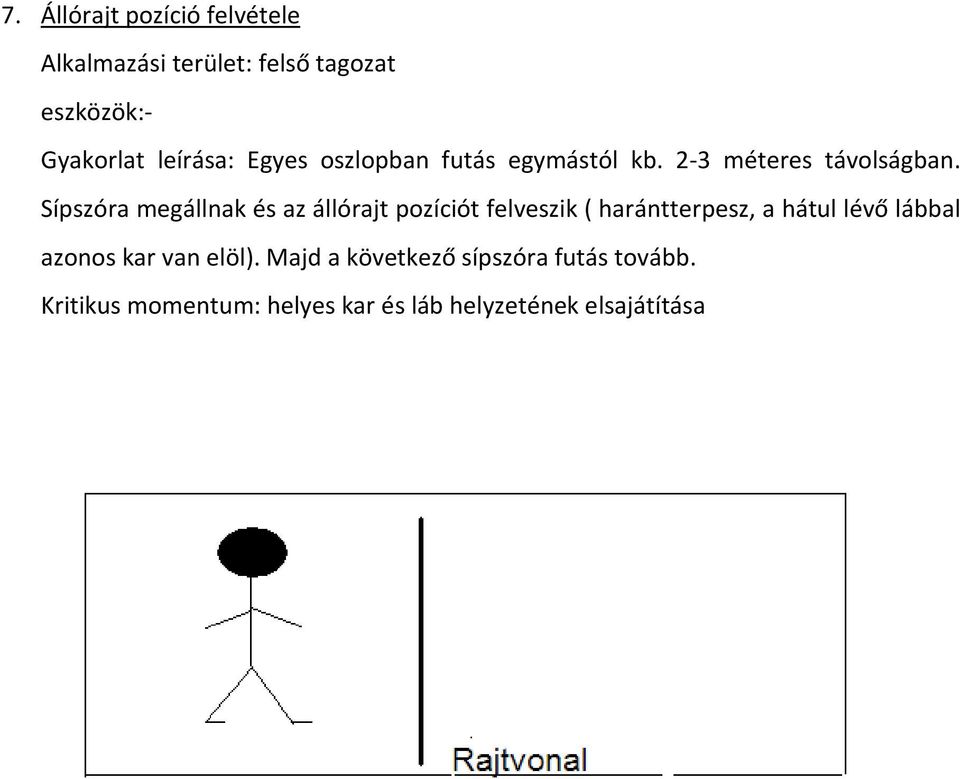 Sípszóra megállnak és az állórajt pozíciót felveszik ( harántterpesz, a hátul lévő lábbal