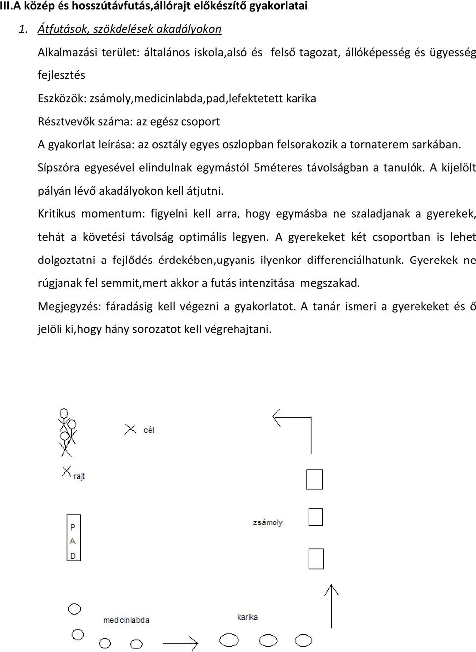 száma: az egész csoport A gyakorlat leírása: az osztály egyes oszlopban felsorakozik a tornaterem sarkában. Sípszóra egyesével elindulnak egymástól 5méteres távolságban a tanulók.