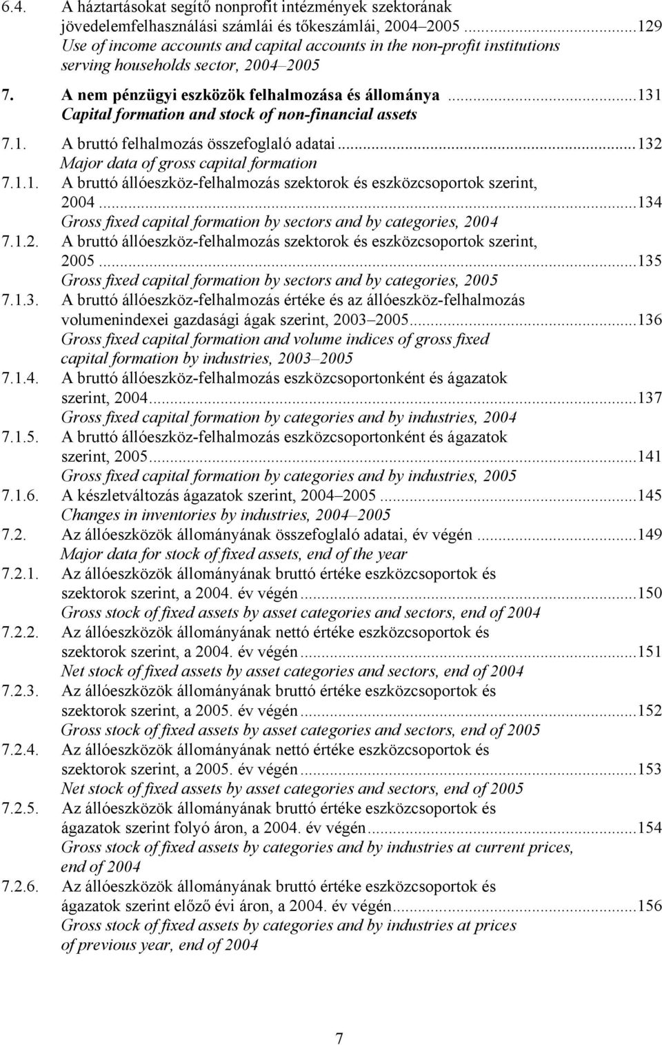 ..131 Capital formation and stock of non-financial assets 7.1. A bruttó felhalmozás összefoglaló adatai...132 Major data of gross capital formation 7.1.1. A bruttó állóeszköz-felhalmozás szektorok és eszközcsoportok szerint, 2004.