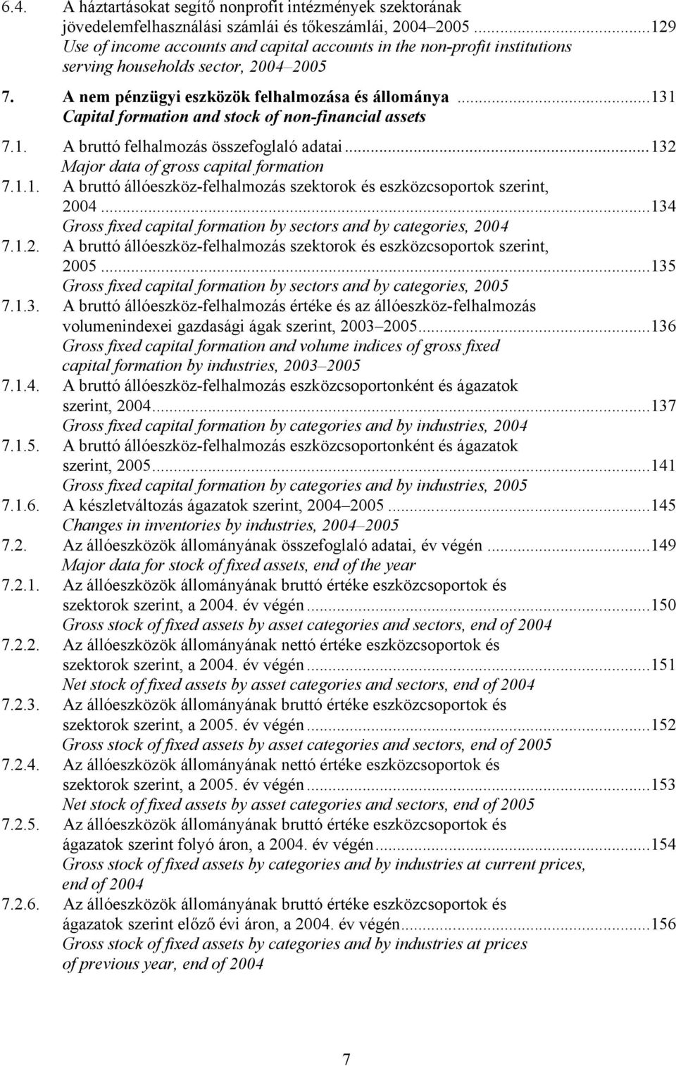 ..131 Capital formation and stock of non-financial assets 7.1. A bruttó felhalmozás összefoglaló adatai...132 Major data of gross capital formation 7.1.1. A bruttó állóeszköz-felhalmozás szektorok és eszközcsoportok szerint, 2004.