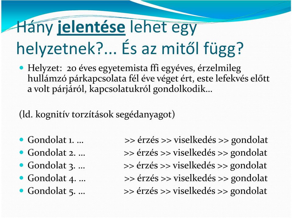 párjáról, kapcsolatukról gondolkodik (ld. kognitív torzítások segédanyagot) Gondolat 1.