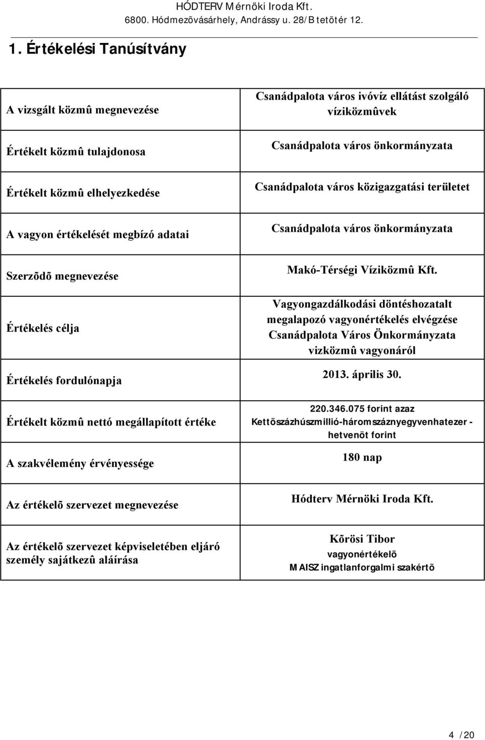 közmû nettó megállapított értéke A szakvélemény érvényessége Makó-Térségi Víziközmû Kft.