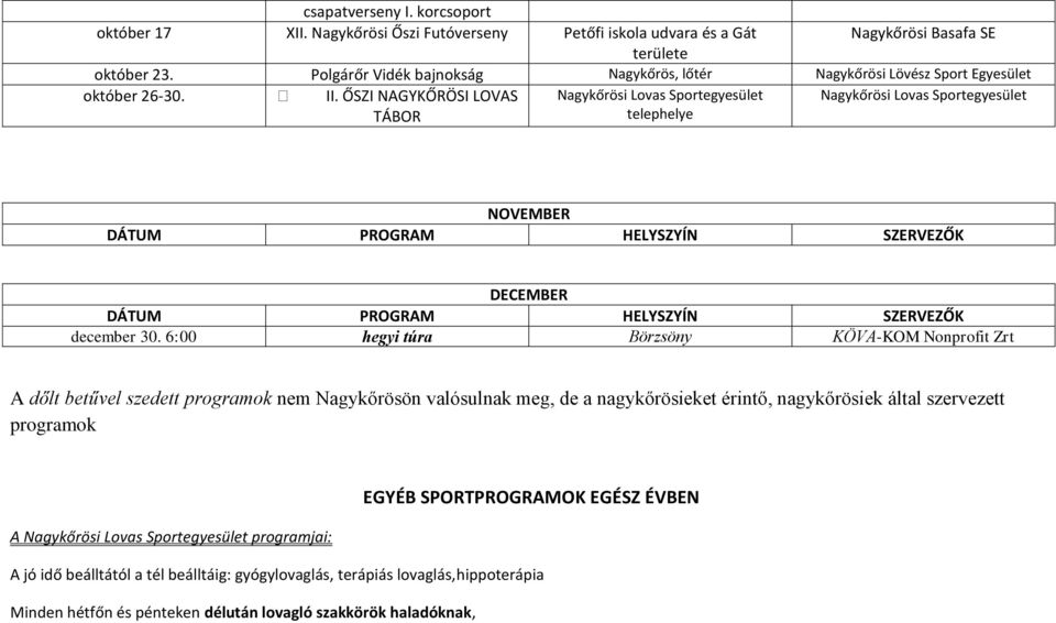 6:00 hegyi túra Börzsöny KÖVA-KOM Nonprofit Zrt A dőlt betűvel szedett programok nem Nagykőrösön valósulnak meg, de a nagykőrösieket érintő, nagykőrösiek által