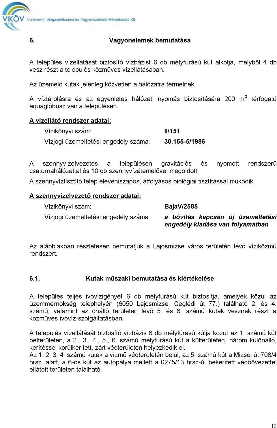 térfogatú A vízellátó rendszer adatai: Vízikönyvi szám: II/151 Vízjogi üzemeltetési engedély száma: 30.