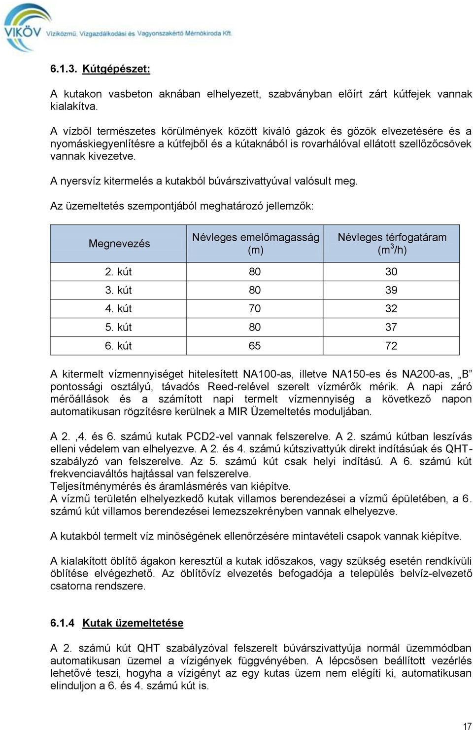 A nyersvíz kitermelés a kutakból búvárszivattyúval valósult meg. Az üzemeltetés szempontjából meghatározó jellemzők: Megnevezés Névleges emelőmagasság (m) Névleges térfogatáram (m 3 /h) 2.