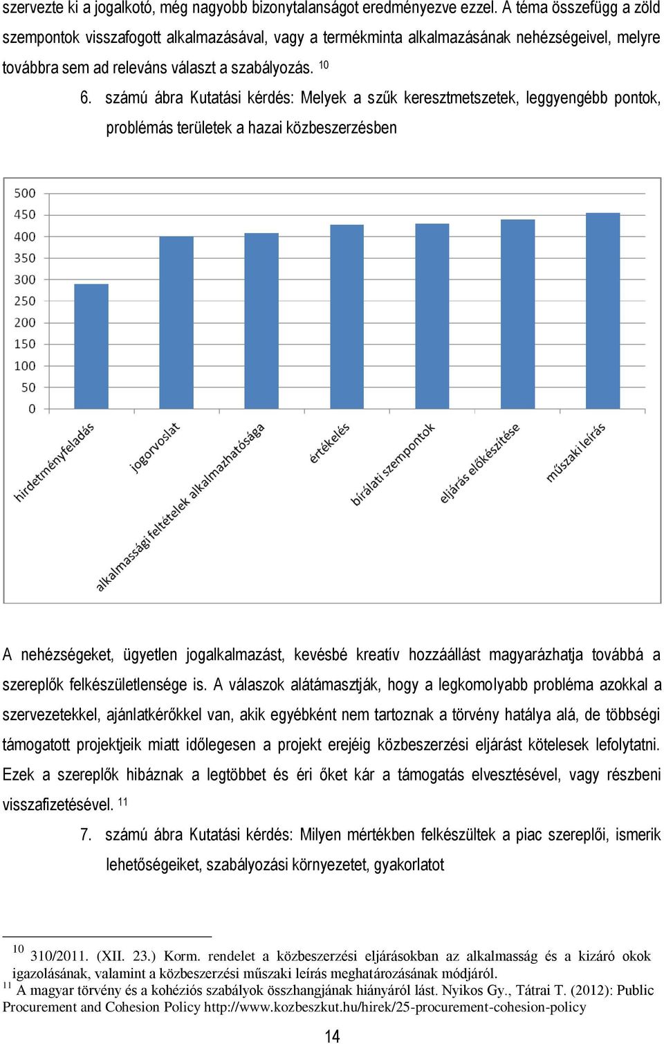 számú ábra Kutatási kérdés: Melyek a szűk keresztmetszetek, leggyengébb pontok, problémás területek a hazai közbeszerzésben A nehézségeket, ügyetlen jogalkalmazást, kevésbé kreatív hozzáállást