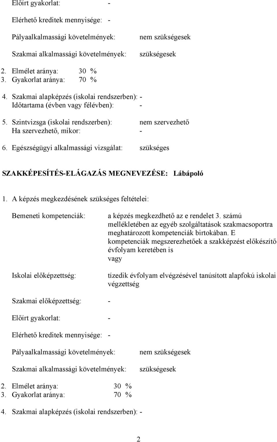 Egészségügyi alkalmassági vizsgálat: szükséges SZAKKÉPESÍTÉS-ELÁGAZÁS MEGNEVEZÉSE: Lábápoló 1.