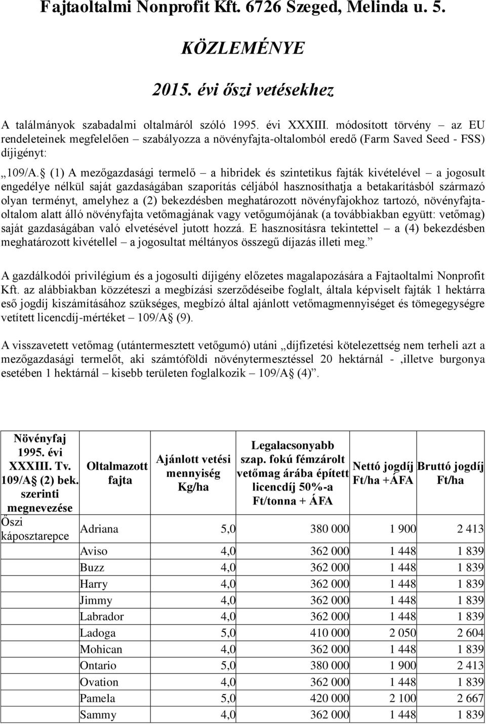 (1) A mezőgazdasági termelő a hibridek és szintetikus fajták kivételével a jogosult engedélye nélkül saját gazdaságában szaporítás céljából hasznosíthatja a betakarításból származó olyan terményt,