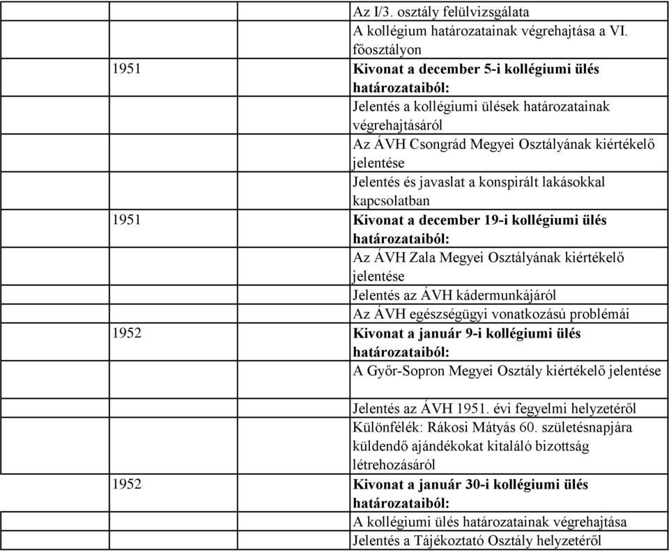 konspirált lakásokkal kapcsolatban 1951 Kivonat a december 19-i kollégiumi ülés Az ÁVH Zala Megyei Osztályának kiértékelő jelentése Jelentés az ÁVH kádermunkájáról Az ÁVH egészségügyi vonatkozású