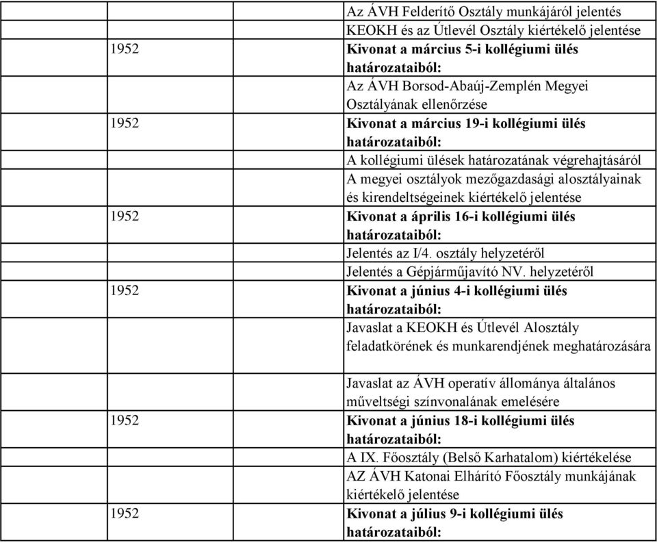 április 16-i kollégiumi ülés Jelentés az I/4. osztály helyzetéről Jelentés a Gépjárműjavító NV.