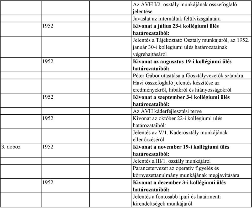 eredményekről, hibákról és hiányosságokról 1952 Kivonat a szeptember 3-i kollégiumi ülés Az ÁVH káderfejlesztési terve 1952 Kivonat az október 22-i kollégiumi ülés Jelentés az V/1.