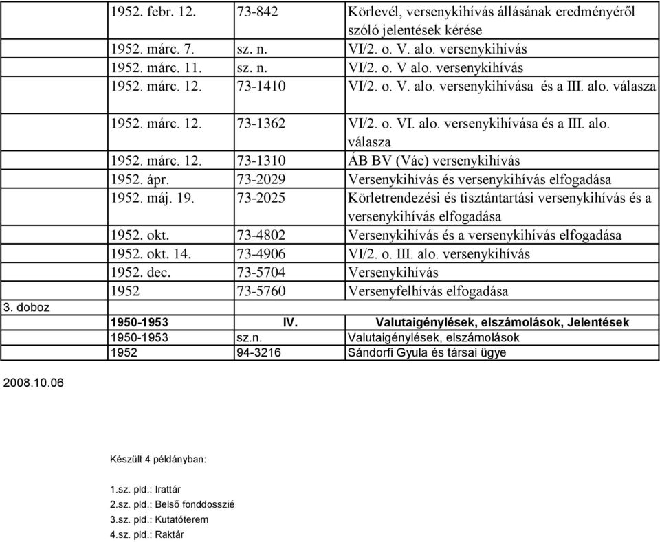 ápr. 73-2029 Versenykihívás és versenykihívás elfogadása 1952. máj. 19. 73-2025 Körletrendezési és tisztántartási versenykihívás és a versenykihívás elfogadása 1952. okt.