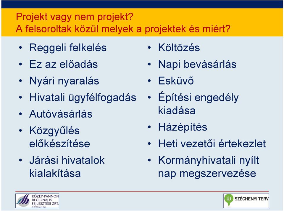 Közgyűlés előkészítése Járási hivatalok kialakítása Költözés Napi bevásárlás Esküvő