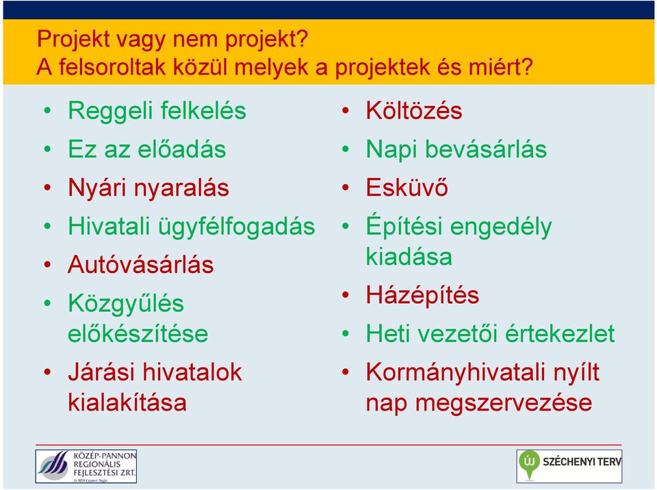 Közgyűlés előkészítése Járási hivatalok kialakítása Költözés Napi bevásárlás Esküvő