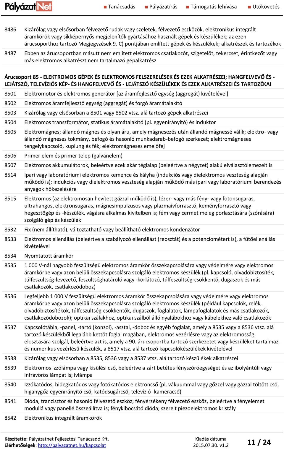C) pontjában említett gépek és készülékek; alkatrészek és tartozékok 8487 Ebben az árucsoportban másutt nem említett elektromos csatlakozót, szigetelőt, tekercset, érintkezőt vagy más elektromos