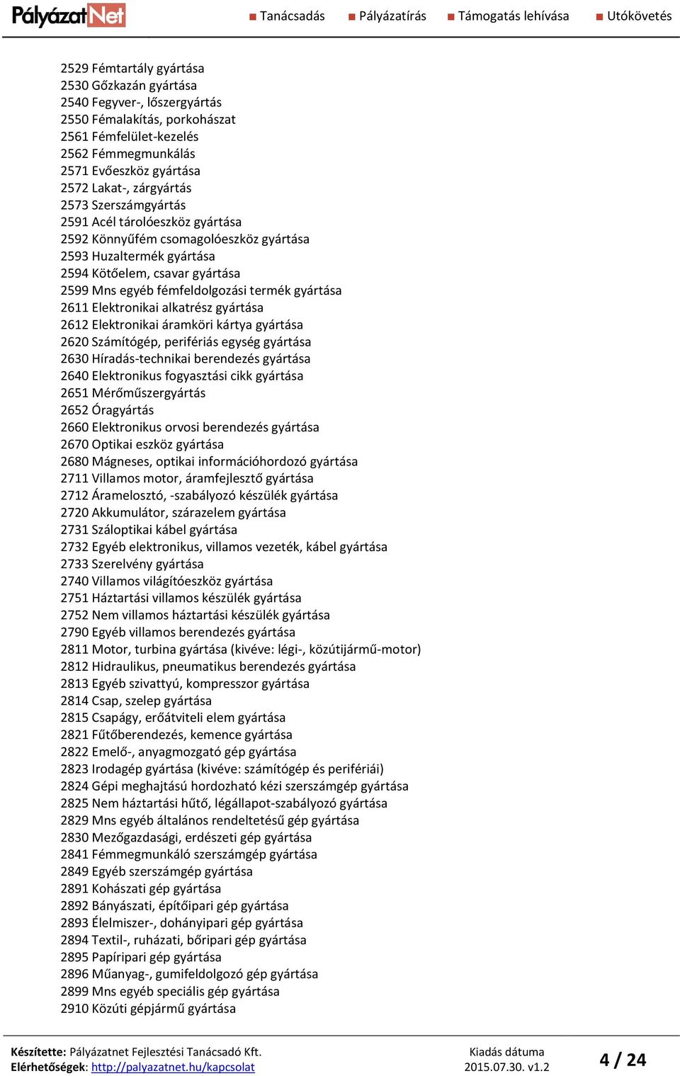 2611 Elektronikai alkatrész gyártása 2612 Elektronikai áramköri kártya gyártása 2620 Számítógép, perifériás egység gyártása 2630 Híradás-technikai berendezés gyártása 2640 Elektronikus fogyasztási