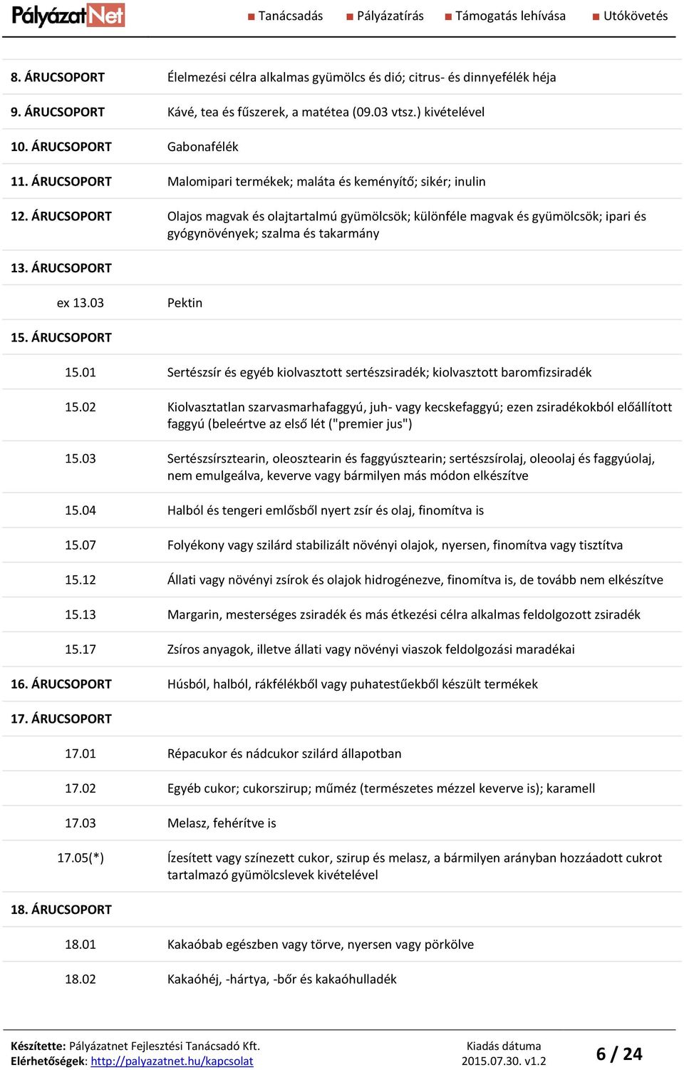 ÁRUCSOPORT Olajos magvak és olajtartalmú gyümölcsök; különféle magvak és gyümölcsök; ipari és gyógynövények; szalma és takarmány 13. ÁRUCSOPORT ex 13.03 Pektin 15. ÁRUCSOPORT 15.