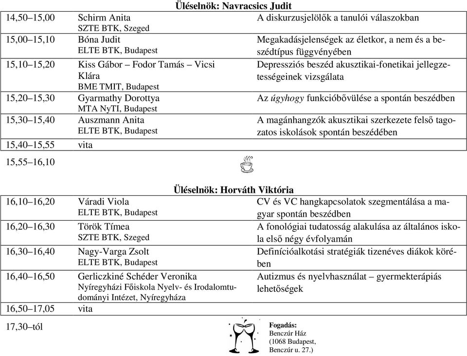 jellegzetességeinek vizsgálata Az úgyhogy funkcióbővülése a spontán beszédben A magánhangzók akusztikai szerkezete felső tagozatos iskolások spontán beszédében 16,10 16,20 Váradi Viola 16,20 16,30