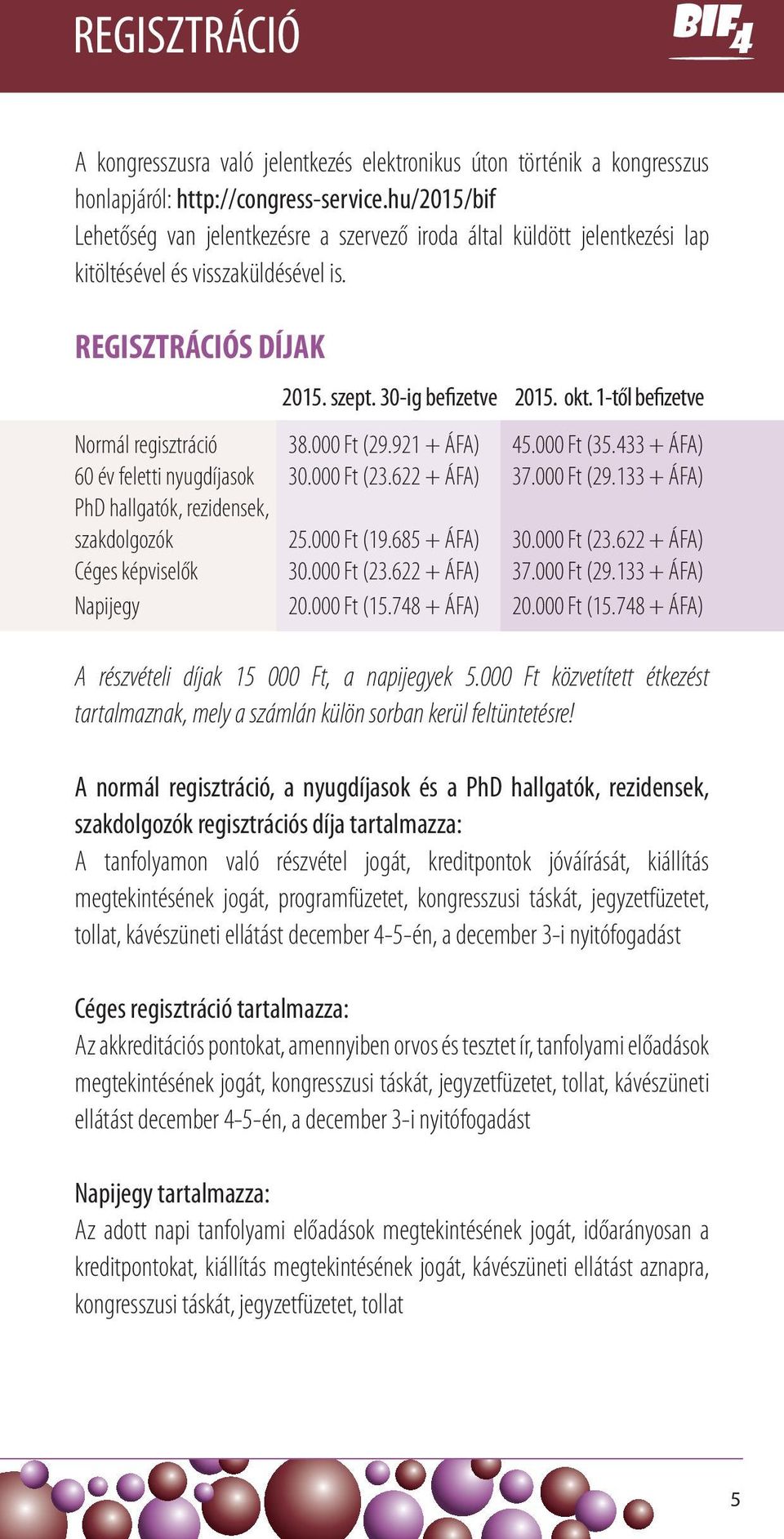 1-től befizetve Normál regisztráció 38.000 Ft (29.921 + ÁFA) 45.000 Ft (35.433 + ÁFA) 60 év feletti nyugdíjasok 30.000 Ft (23.622 + ÁFA) 37.000 Ft (29.133 + ÁFA) PhD hallgatók, rezidensek, szakdolgozók 25.