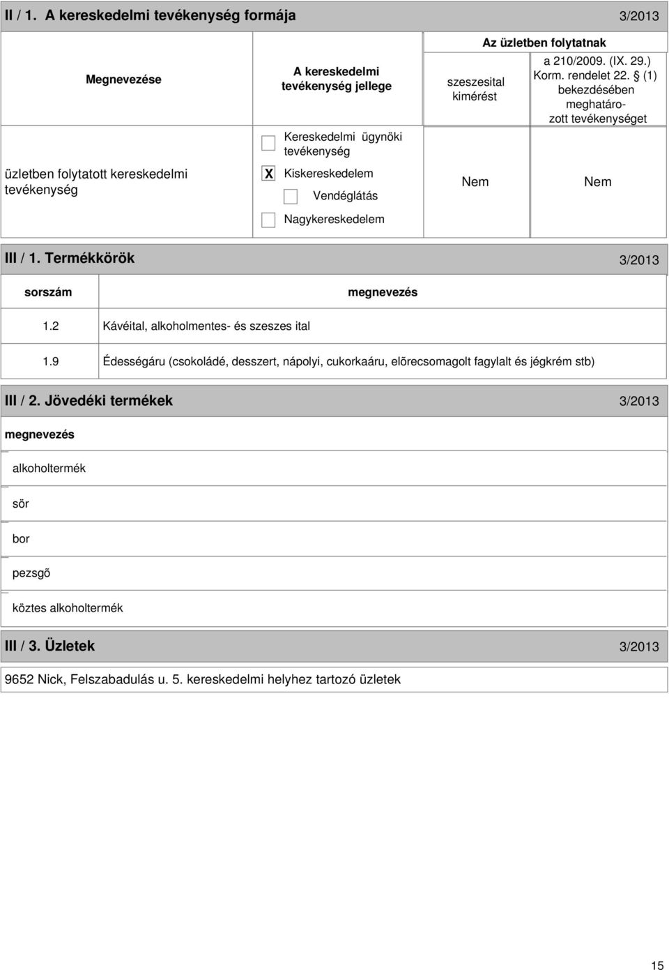 Termékkörök 3/2013 sorszám 1.2 Kávéital, alkoholmentes- és szeszes ital 1.