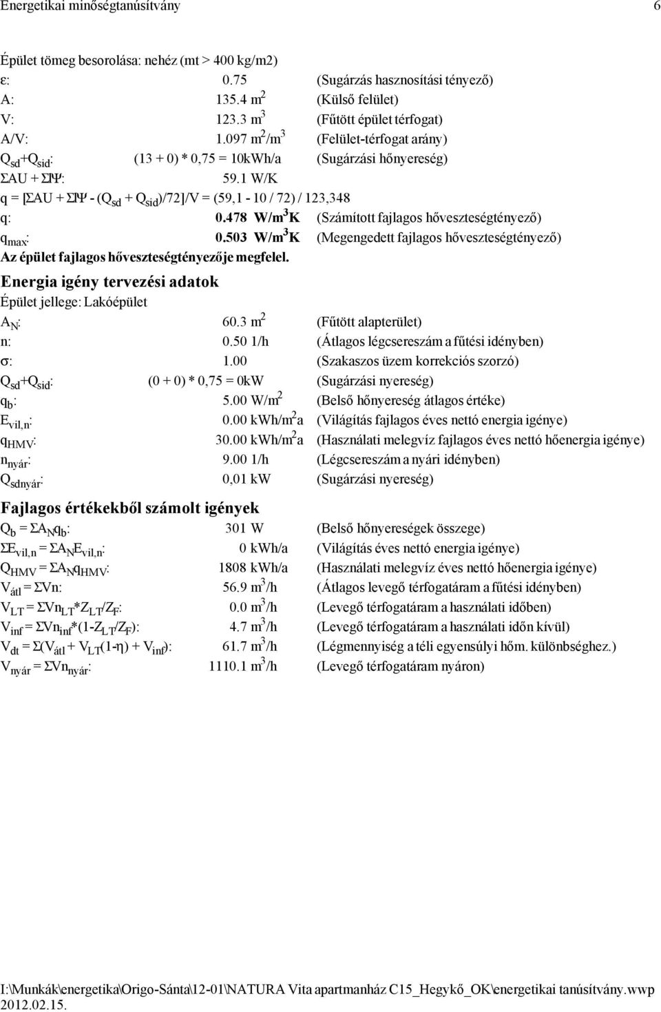 478 W/m 3 K (Számított fajlagos hőveszteségtényező) q max : 0.503 W/m 3 K (Megengedett fajlagos hőveszteségtényező) Az épület fajlagos hőveszteségtényezője megfelel.
