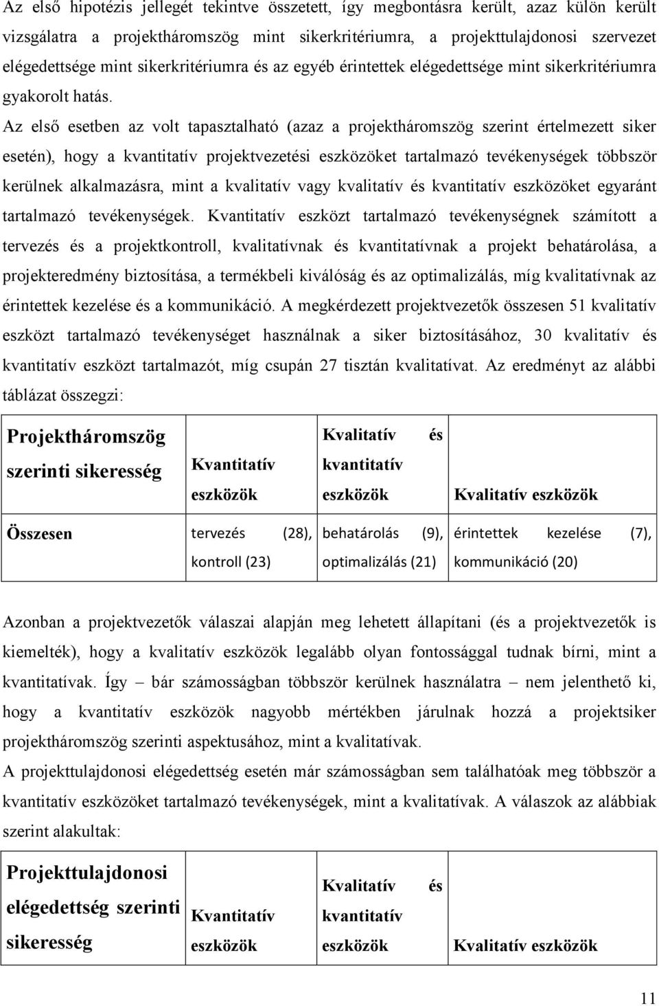 Az első esetben az volt tapasztalható (azaz a projektháromszög szerint értelmezett siker esetén), hogy a kvantitatív projektvezetési eszközöket tartalmazó tevékenységek többször kerülnek