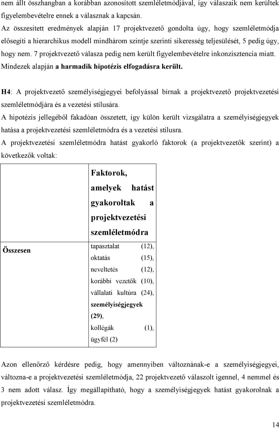 7 projektvezető válasza pedig nem került figyelembevételre inkonzisztencia miatt. Mindezek alapján a harmadik hipotézis elfogadásra került.