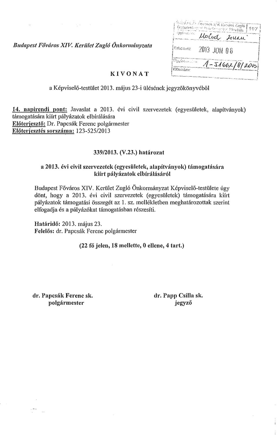 évi civil szervezetek (egyesületek, alapítványok) támogatására kiírt pályázatok elbírálásáról Budapest Főváros XIV. Kerület Zugló Önkormányzat Képviselő-testülete úgy dönt, hogy a 2013.