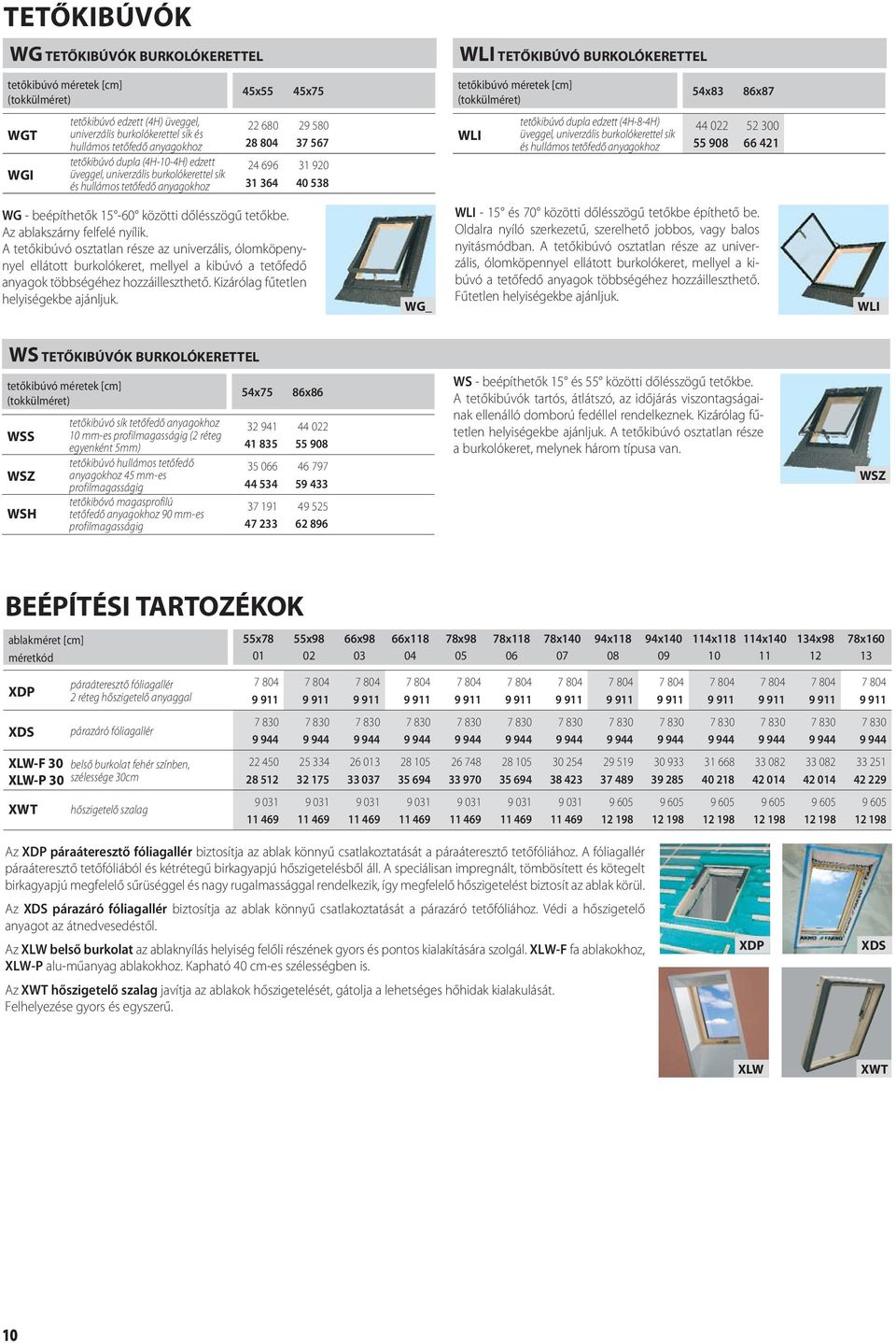 univerzális burkolókerettel sík és hullámos tetőfedő anyagokhoz 54x83 86x87 22 680 29 580 28 804 37 567 24 696 31 920 31 364 40 538 44 022 52 300 55 908 66 421 WG - beépíthetők 15-60 közötti