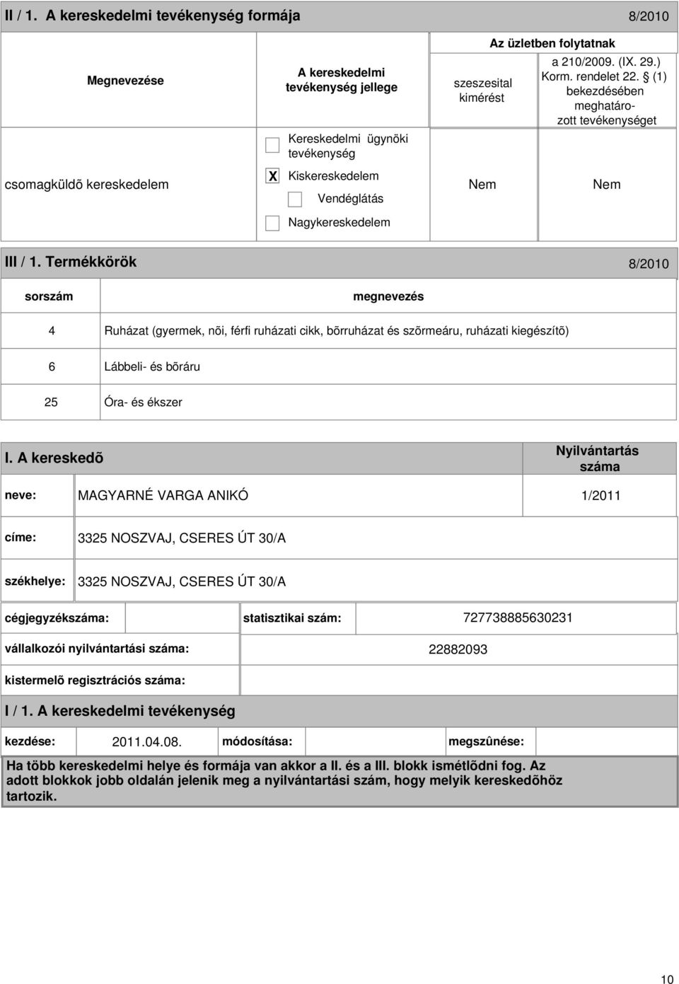 Termékkörök 8/2010 sorszám 4 Ruházat (gyermek, nõi, férfi ruházati cikk, bõrruházat és szõrmeáru, ruházati kiegészítõ) 6 Lábbeli- és bõráru 25 Óra- és ékszer I.