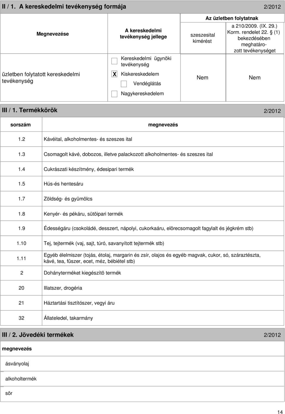 3 Csomagolt kávé, dobozos, illetve palackozott alkoholmentes- és szeszes ital 1.4 Cukrászati készítmény, édesipari termék 1.5 Hús-és hentesáru 1.7 Zöldség- és gyümölcs 1.