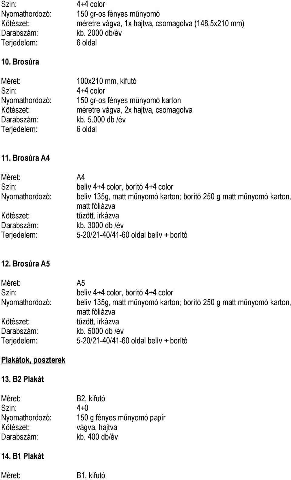 Brosúra A4 A4 belív, borító belív 135g, matt műnyomó karton; borító 250 g matt műnyomó karton, matt fóliázva tűzött, irkázva kb.